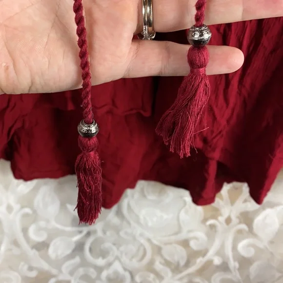 Artesia Boho Chic Peasant Blouse Red Lace trim lace up long sleeve shirt Medium - Picture 7 of 13